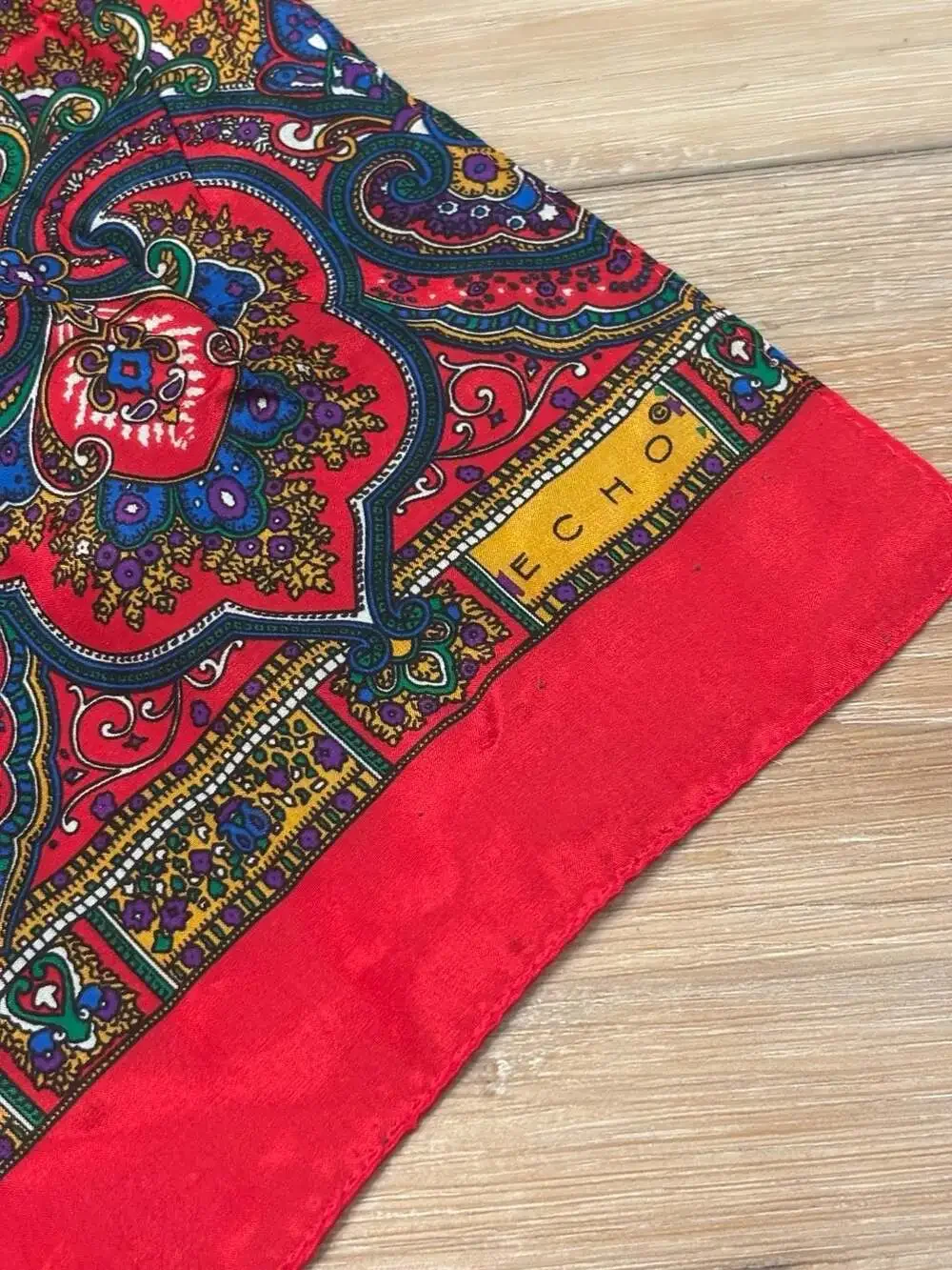 Echo Vintage Red Silk Oblong Scarf with Paisley and Geometric Print